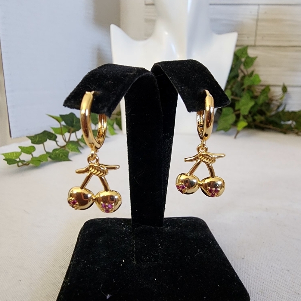 Gold Cherry Dangle Huggie Hoop Earrings - Picture 5 of 8